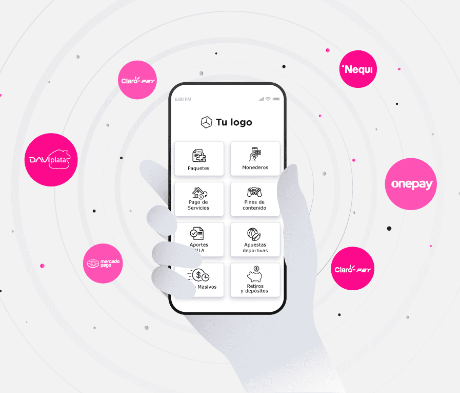 Una mano sostiene un teléfono inteligente que muestra una interfaz de aplicación de pago con varias opciones. Logotipos de pago digital de color rosa rodean el teléfono sobre un fondo punteado.